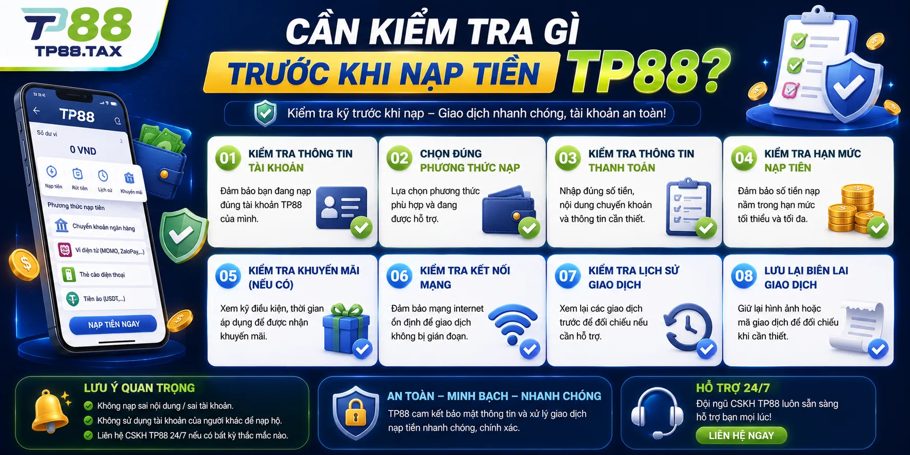 Nạp Tiền TP88 – Quy Trình, Hạn Mức Và Kiểm Tra Giao Dịch 1 Cần kiểm tra gì trước khi nạp tiền TP88?